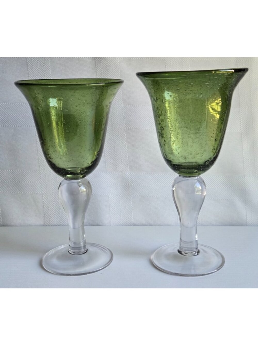 Two Hand-blown Sage Green Bubble Glass Water Goblets with a Thick Clear Stem